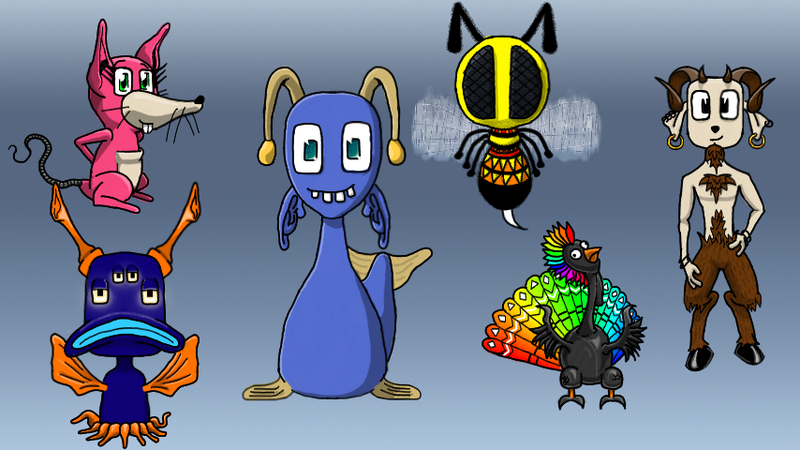 The top left one is a marsupial rat that uses its cuteness to rob people of shiny things. Bottom left is like a lantern fish! The rest are kinda explanatory. The Bee is called HoneyBuzz, and it’s the only one to have a name since inception.
